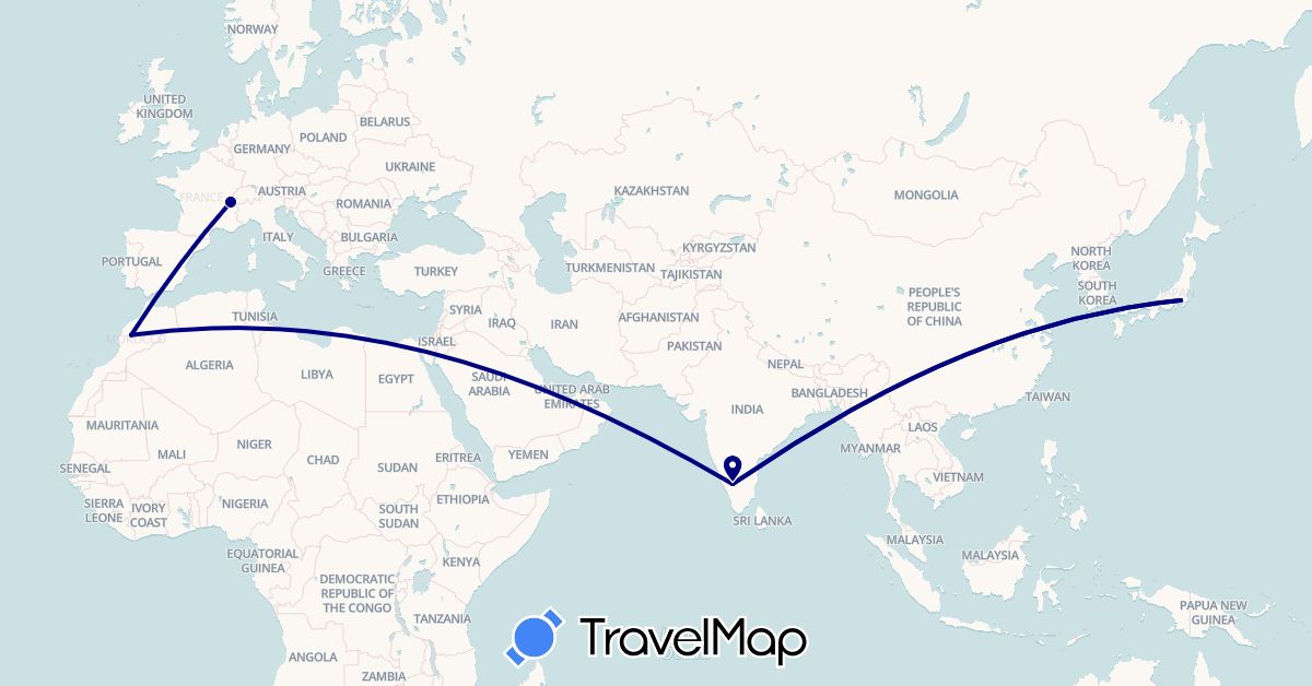 TravelMap itinerary: driving in France, India, Japan, Morocco (Africa, Asia, Europe)